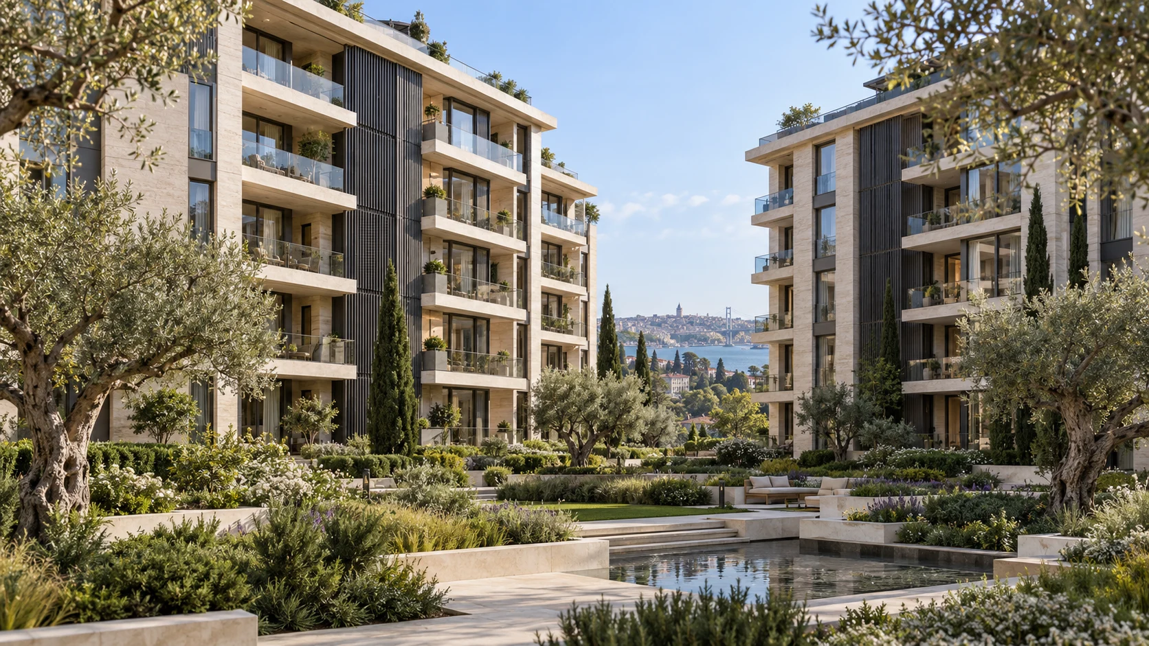 Yeşil avlu ve modern konut detayları